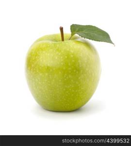 Sweet green apple with leaf isolated on white background