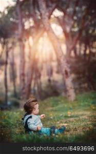 Sweet little boy sitting on fresh grass field in the forest in sunny spring day, relaxing on the glade in countryside, happy healthy childhood. Little boy in the forest