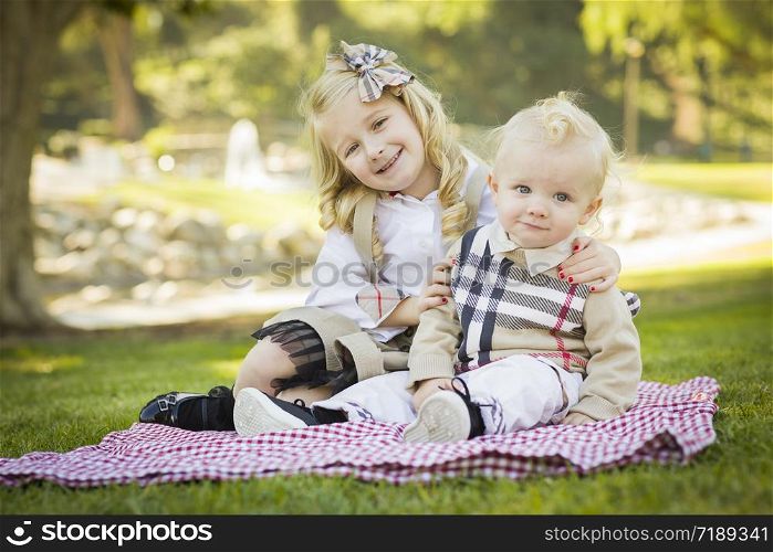 Sweet Little Girl Hugs Her Baby Brother on a Picnic Blanket Outdoors at the Park.