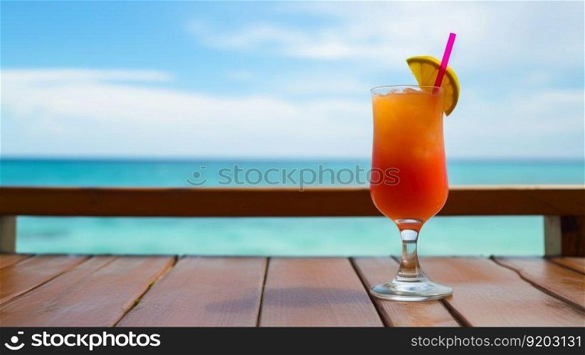 Sweet Mama cocktail on background with blue sea and sky tropical background. Generative AI.. Sweet Mama cocktail on background with blue sea and sky tropical background. Generative AI