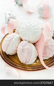 Sweet marshmallows with festive decoration, selective focus