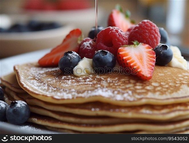 Sweet morning pancakes with strawberries and blueberries.AI Generative