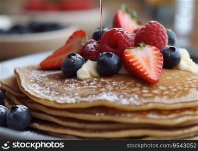 Sweet morning pancakes with strawberries and blueberries.AI Generative