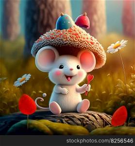 Sweet mouse with a happy smile exploring the mountainside with a delicious strawberry AI generated