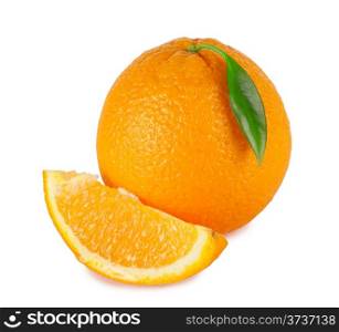 Sweet orange with a bright green leaf isolated on white background