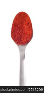 sweet paprika spice on a stainless steel spoon, isolated on white background