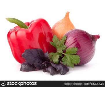 Sweet pepper, onion and basil leaves still life isolated on white background cutout