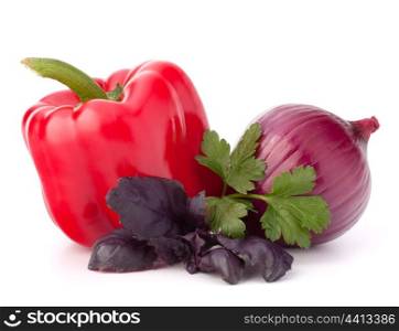 Sweet pepper, onion and basil leaves still life isolated on white background cutout