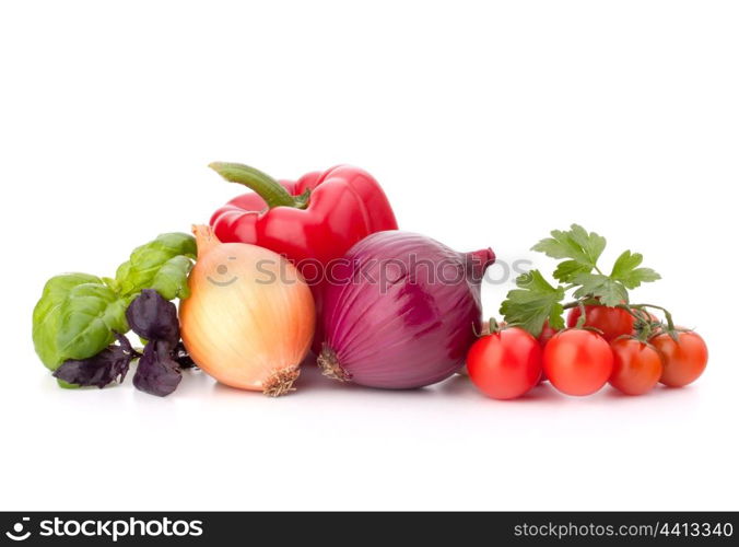 Sweet pepper, onion, tomato and basil leaves still life isolated on white background cutout