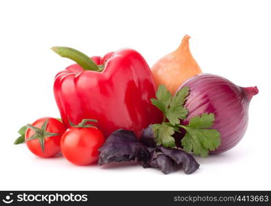 Sweet pepper, onion, tomato and basil leaves still life isolated on white background cutout