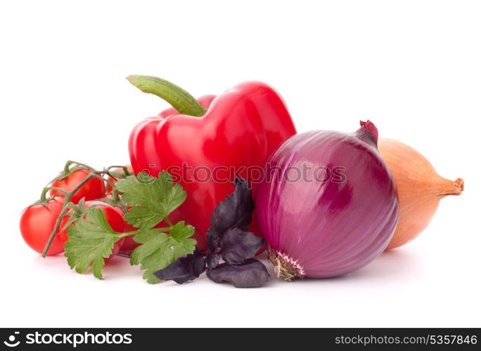 Sweet pepper, onion, tomato and basil leaves still life isolated on white background cutout