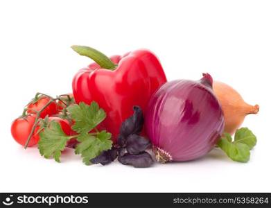 Sweet pepper, onion, tomato and basil leaves still life isolated on white background cutout