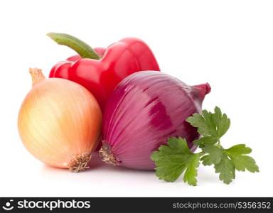 Sweet pepper, onion, tomato, and parsley leaves still life isolated on white background cutout