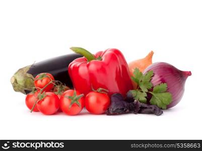 Sweet pepper, onion, tomato, eggplant and basil leaves still life isolated on white background cutout