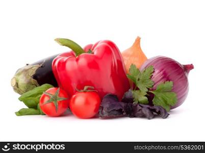 Sweet pepper, onion, tomato, eggplant and basil leaves still life isolated on white background cutout