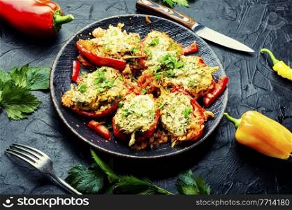 Sweet peppers stuffed with turkey, herbs and rice. Sweet peppers baked with satsiki sauce. Roasted bell peppers stuffed with rice and meat