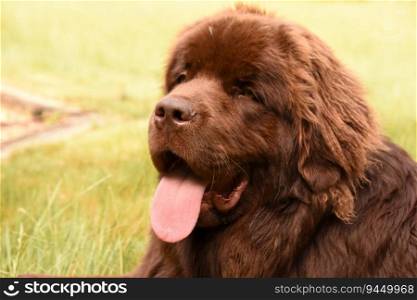 Sweet purebred chocolate brown Newfoundland dog sitting outside on a summer day.