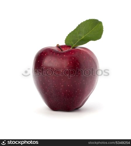 Sweet red apple with green leaf isolated on white background