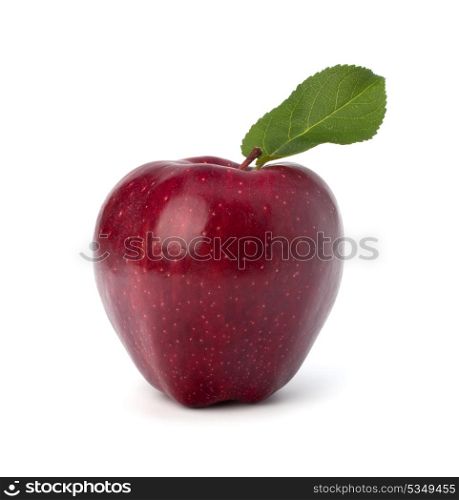 Sweet red apple with green leaf isolated on white background