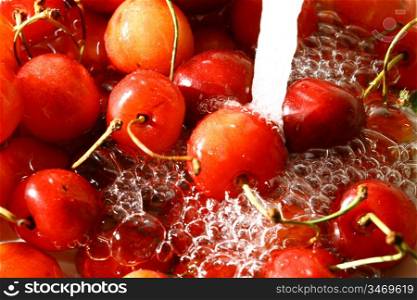 sweet red cherry under wet macro close up