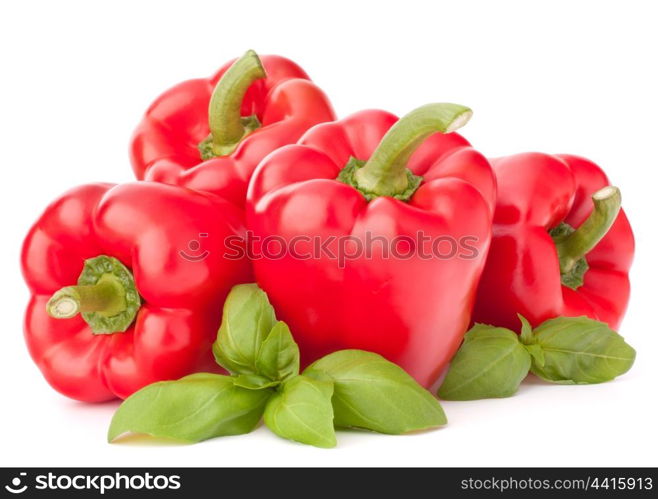 Sweet red pepper and basil leaves still life isolated on white background cutout