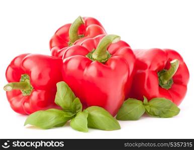 Sweet red pepper and basil leaves still life isolated on white background cutout