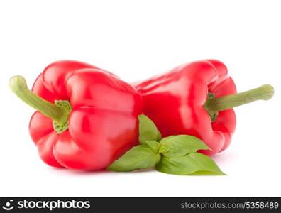 Sweet red pepper and basil leaves still life isolated on white background cutout