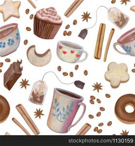 Sweet seamless pattern painted with acrylics. Cookies, donuts, cupcake, chocolate, anise, coffee beans, tea bags and cute cups on a white background. For packaging design, wrapper, fabric and etc.