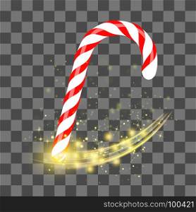 Sweet Striped Candy Cane on Grey Checkered Background. Sweet Striped Candy Cane