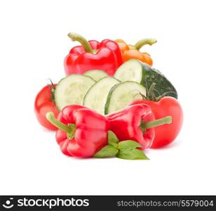 Sweet vegetables and basil leaves still life isolated on white background cutout