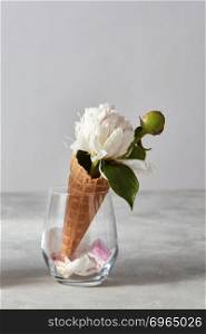 Sweet waffle cone with beautiful white peony flower and petals in a glass cup on a gray background, copy space. Concept of congratulations for Valentine&rsquo;s Day. Nice white flower, bud and green leaf with petals in glass vase on gray stone table.