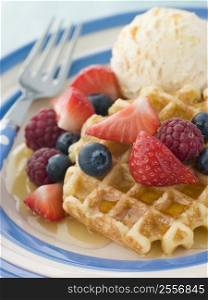 Sweet Waffles with Berries Ice Cream and Syrup