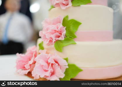 sweet Wedding cake decorated with beautiful flowers&#xA;