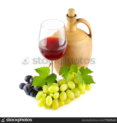 Sweet wine, grapes and jug isolated on white background.