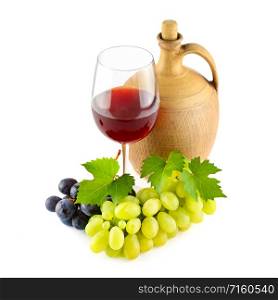 Sweet wine, grapes and jug isolated on white background.