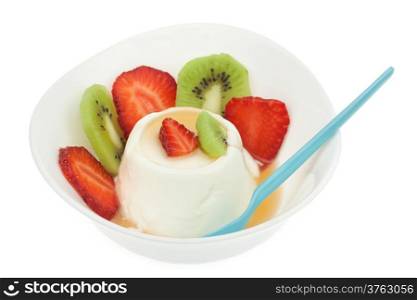 Sweet yogurt with fruits and honey in bowl isolated on white background