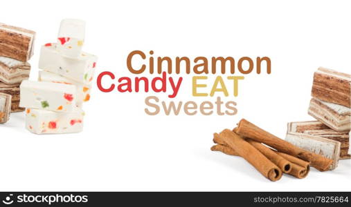 Sweets and cinnamon sticks isolated on white background