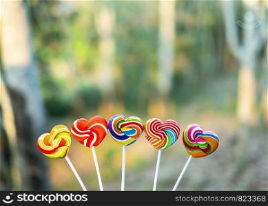 Sweets candies heart shape color full on blurred background, Set candy of color rainbow lollipops, Gift for Valentine day Love concept