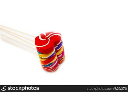 Sweets candies heart shape color full on white background, Set candy of color rainbow lollipops, Gift for Valentine day Love concept