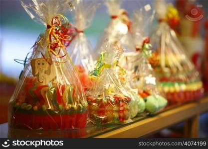 Sweets wrapped and tied with colourful ribbons