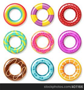 Swim rings. Swimming inflatable ring colorful buoy pool kids float inflatables toys beach children lifesaver summer realistic vector collection. Swim rings. Swimming ring colorful buoy pool kids float inflatables toys beach children lifesaver summer realistic vector collection
