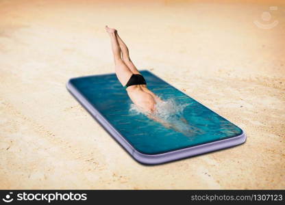 Swimmer diving into the pool is made from large phone screen. Always be in touch or online addiction concept, social addicted people. Scaling effect