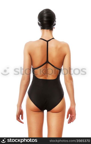 swimmer in black from back on white background