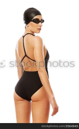 swimmer in black glasses from back on white background