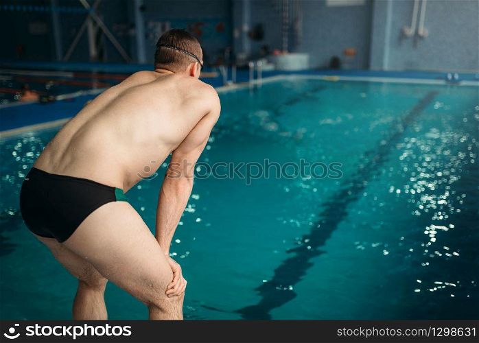Swimmer in goggles prepares to jump into the water, back view. Workout in swimming pool, healthy activity