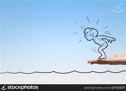 Swimming activity. Caricature of man swimmer jumping from human palm