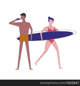 Swimming man and woman with surfboard and drink isolated icon surfing guy in trunks and girl in swimsuit suntan summer activity or sport on water couple on beach male and female characters vector.. Swimming man and woman with surfboard and drink isolated icon surfing