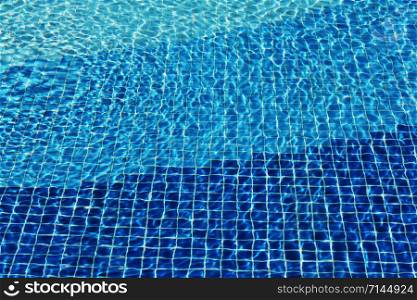 Swimming pool mosaic bottom caustics ripple like sea water. Flow with waves, sport and relax concept. Summer background. Texture of water surface. Top view. water waves with