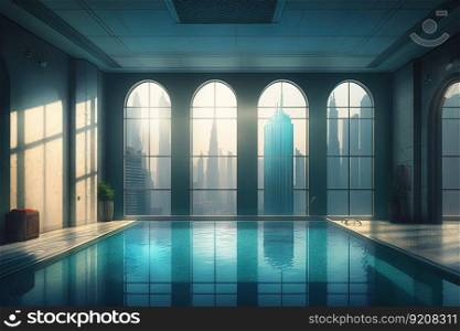 swimming pool with view of cityscape, with skyscrapers visible through the windows, created with generative ai. swimming pool with view of cityscape, with skyscrapers visible through the windows