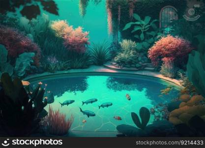 swimming pool with view of colorful underwater garden, with plants and fish swimming among the greenery, created with generative ai. swimming pool with view of colorful underwater garden, with plants and fish swimming among the greenery